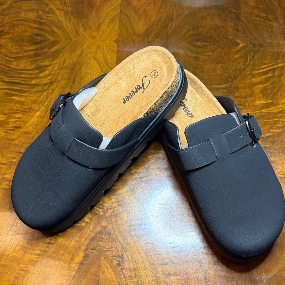 Forever | Black | Buckled Strap | Mules | Cork Sole | Size 8 | Like New